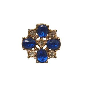 Vintage Gold Tone Pin Brooch With Blue Clear Rhinestones